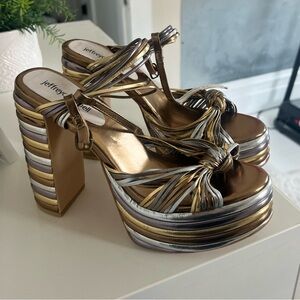 Jeffrey Campbell metallic gold and silver platform heels disco open toe strappy